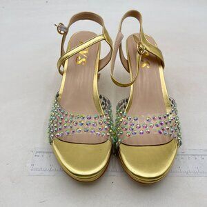 FSJ Women Open Toe Ankle Strap Sandals Rhinestones Band Stiletto High Heels Gold